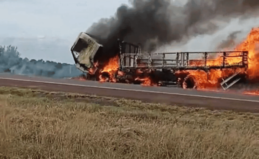 Caminhão é destruído por incêndio de grandes proporções na BR-468