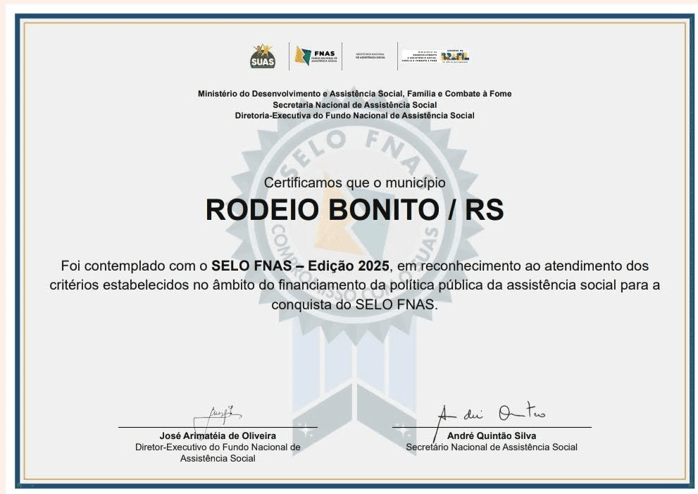 Rodeio Bonito conquista selo FNAS de excelência e transparência na gestão da Assistência Social